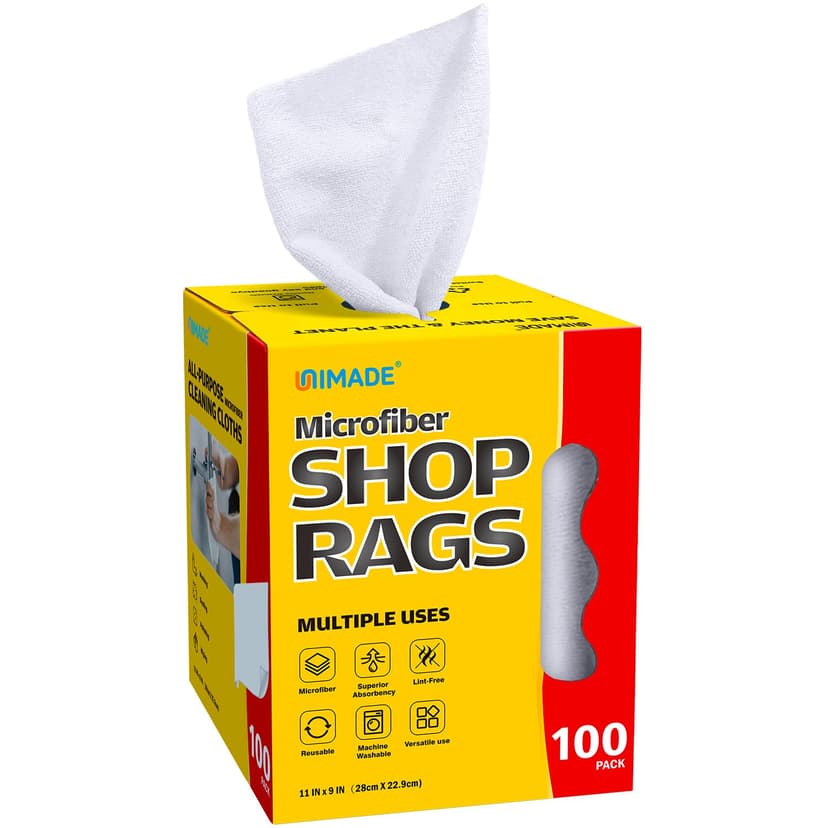 UNIMADE Shop Rags, 100 Sheets Microfiber Cleaning Cloth | Commercial Grade Washcloths Lint-Free Bulk Shops Towels for Cars Mechanic Restaurant Garage Housekeeping, 11"x 9", White
