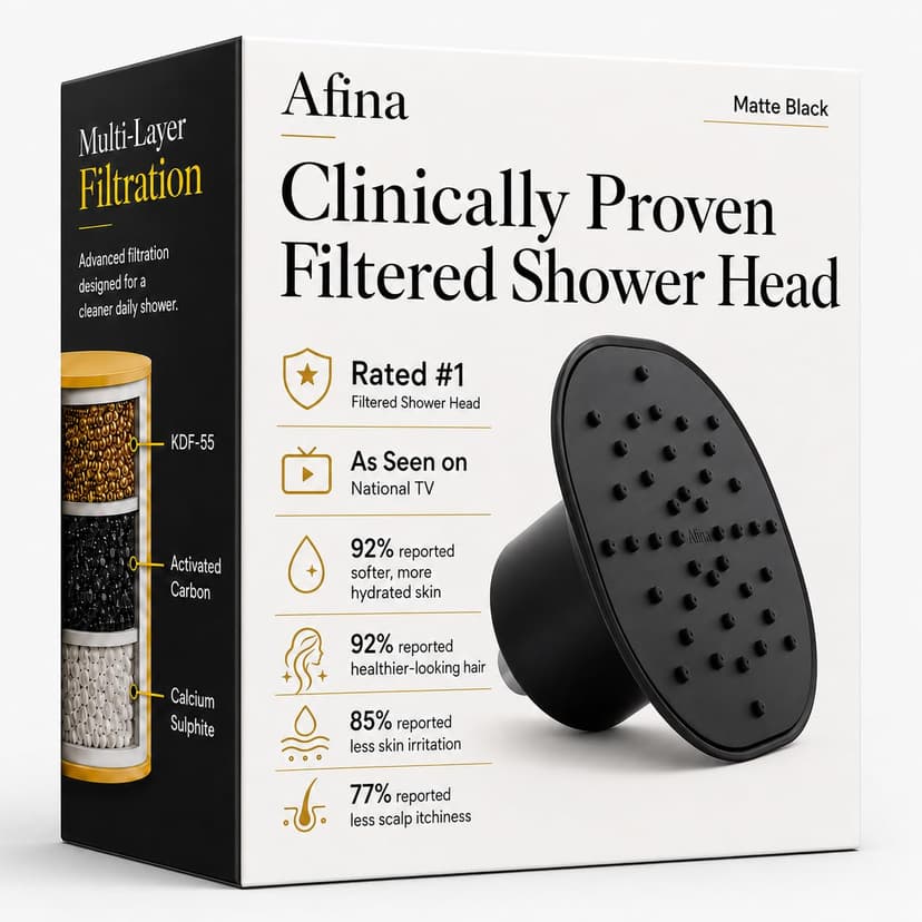 Afina Filtered Shower Head, High Pressure Rainfall (Matte Black) | KDF-55 Shower Filter & Water Filter Showerhead for Hard Water, Reduces Chlorine for Softer Skin & Hair
