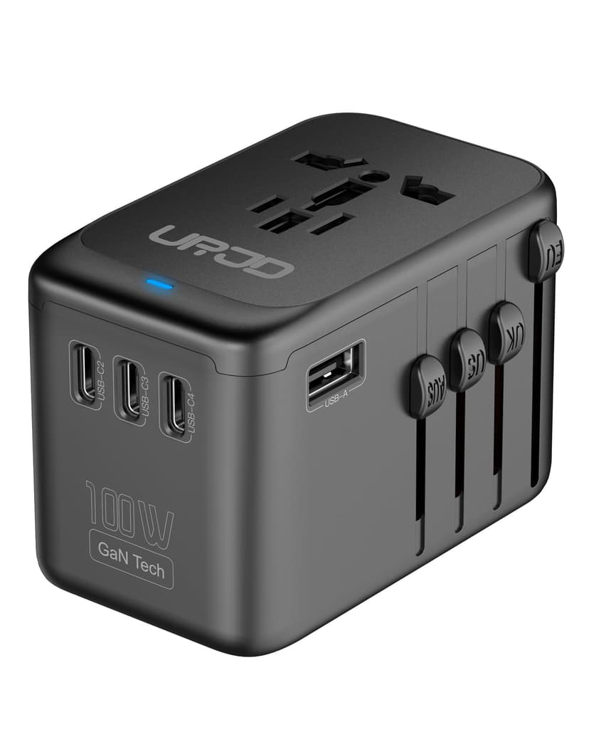 URJD Universal Travel Adapter 100W GaN Fast Charger in One for Europe UK US | 5 USB C/A Ports + 2500W AC Outlet, For MacBook iPhone iPad Laptop Phone, International Power Adapter for 200+ Countries