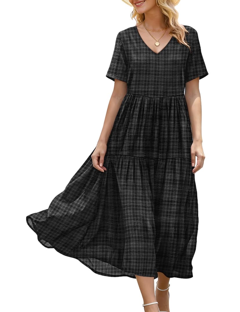 YESNO Women's Summer Maxi Dresses Casual Floral Short Sleeve V Neck Boho Beach Vacation Swing Dress with Pockets EVF