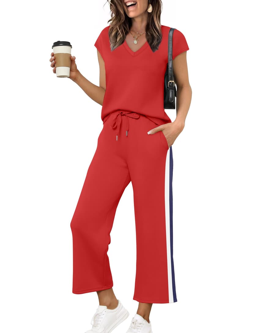 Saloogoe Two Piece Sets for Women Summer Outfits Lounge Sets V Neck Tops Wide Leg Pants Woman Vacation Travel Outfits