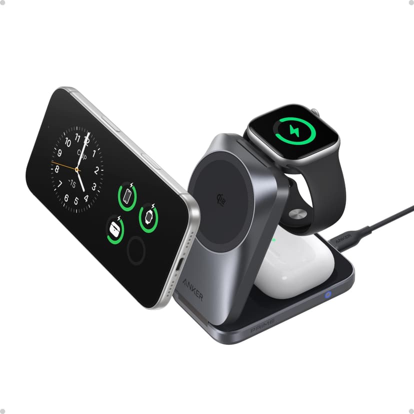 Anker Prime 25W Qi2.2-Certified Palm-Sized 3-in-1 Foldable MagSafe Charger | Travel-Ready Charging Station, AirCool Wireless Charger for iPhone 17, Apple Watch, AirPods (Adapter Included, Non-Battery)