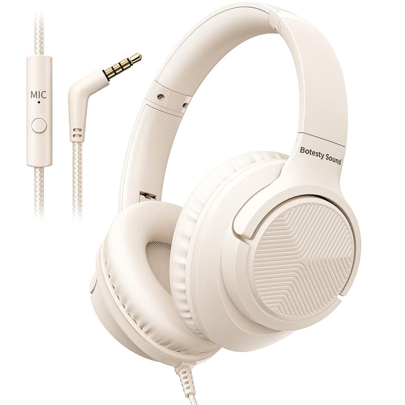 Wired Headphones with Microphone for School, 3.5mm Corded Headphones, Beige | Wired Over Ear Foldable Plug in Headphones, 4.9ft Tangle-Free Nylon Cord for School, Tablet, Laptop, MP3/4, Airplane Trave