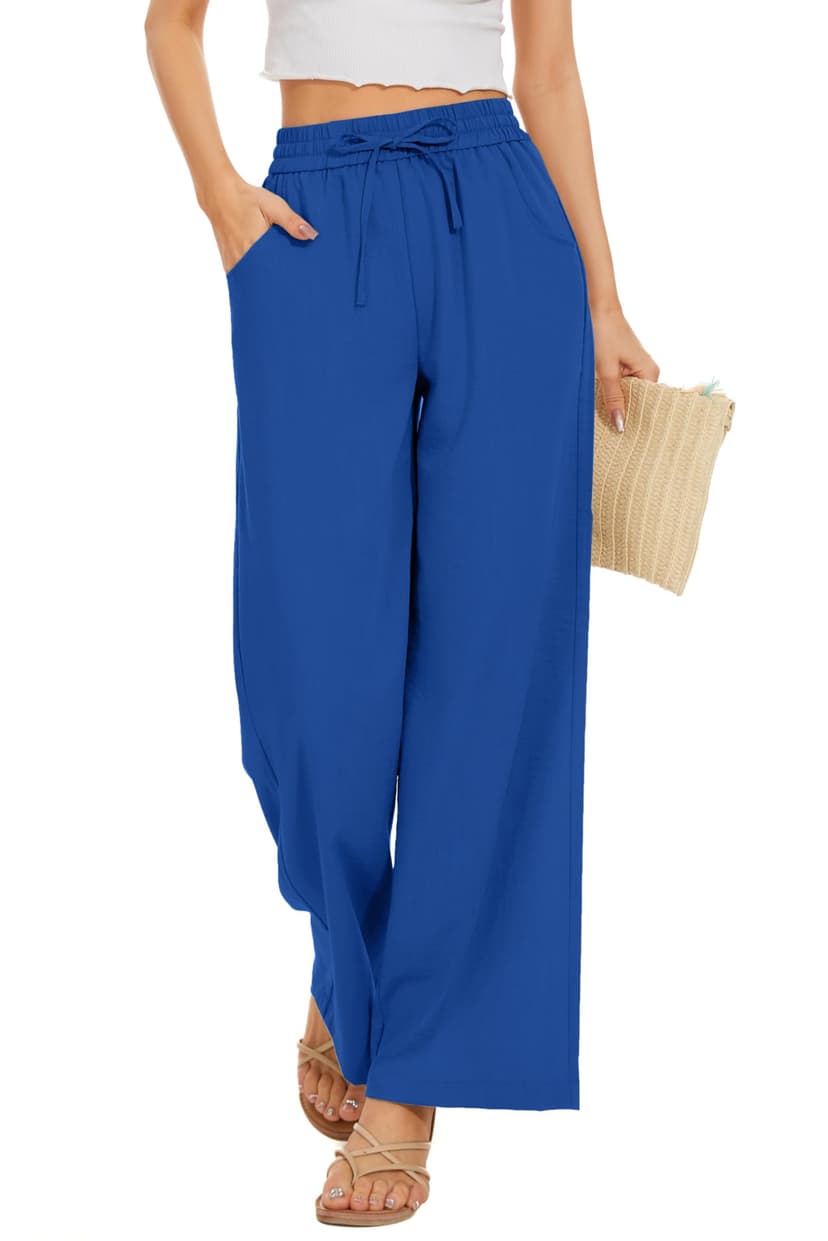 KICZOY Women Flowy Pants Drawstring Waist Wide Leg Palazzo Beach Pants Loose Fit with Pockets