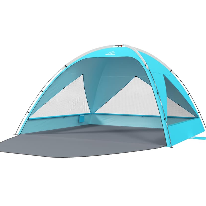 Wolfwise Beach Tent Sun Shelter for 8 Person with UPF 50+ UV Protection, Sun Shade Beach Tents with Extendable Floor for Privacy, 3 Ventilated Mesh Windows & Carrying Bag, 118 ''x118''x71'', Blue