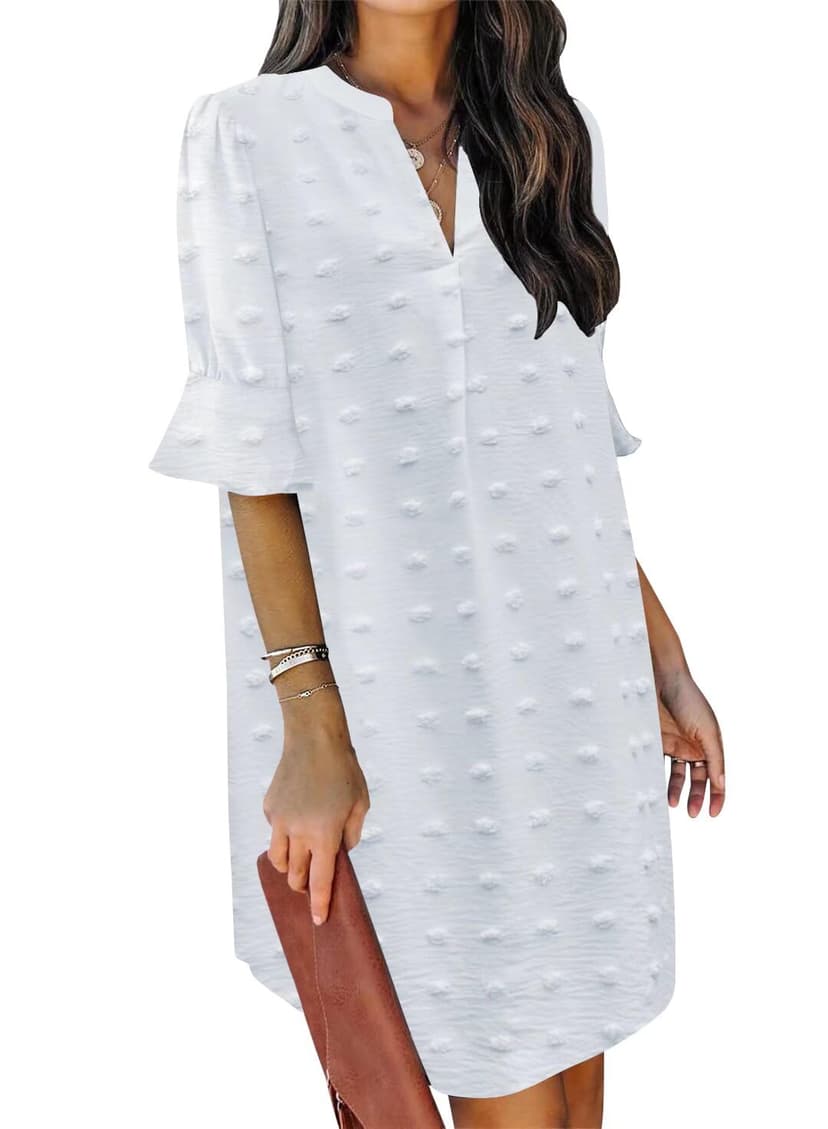 QACOHU Womens Summer Casual V Neck Shift Mini Dress | Flowy Swing Basic Dress, Ruffle Short Sleeve, Floral Boho Style, Wedding Guest Daily Work Clothes, Beach Vacation Outfits