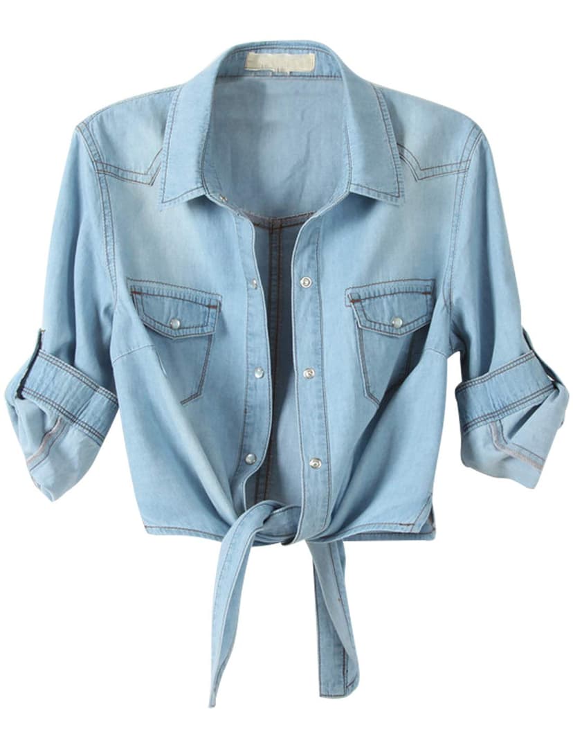 Omoone Women's 3/4 Sleeve Modern Denim Crop Top Tie Knot Shirt Chambray Cardigan