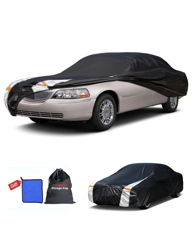 Multi-Layer Car Cover Custom Fit for Lincoln Town(1998-2011), 100% Waterproof All Weather for Automobiles, Gift with Towel, Heavy Duty Car Covers for Rain Sun UV Protection with Door Zipper.
