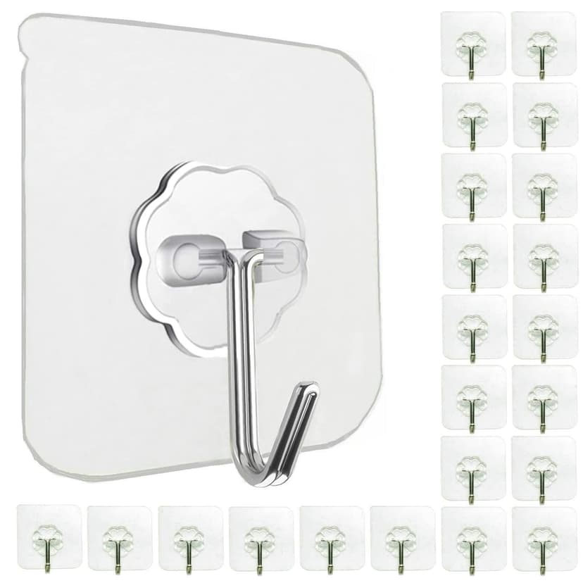 Jwxstore 24 Pack Adhesive Wall Hooks 33LB Heavy Duty No Drill Transparent Waterproof Hooks for Bathroom Kitchen Towel Coat Office Home Outdoor
