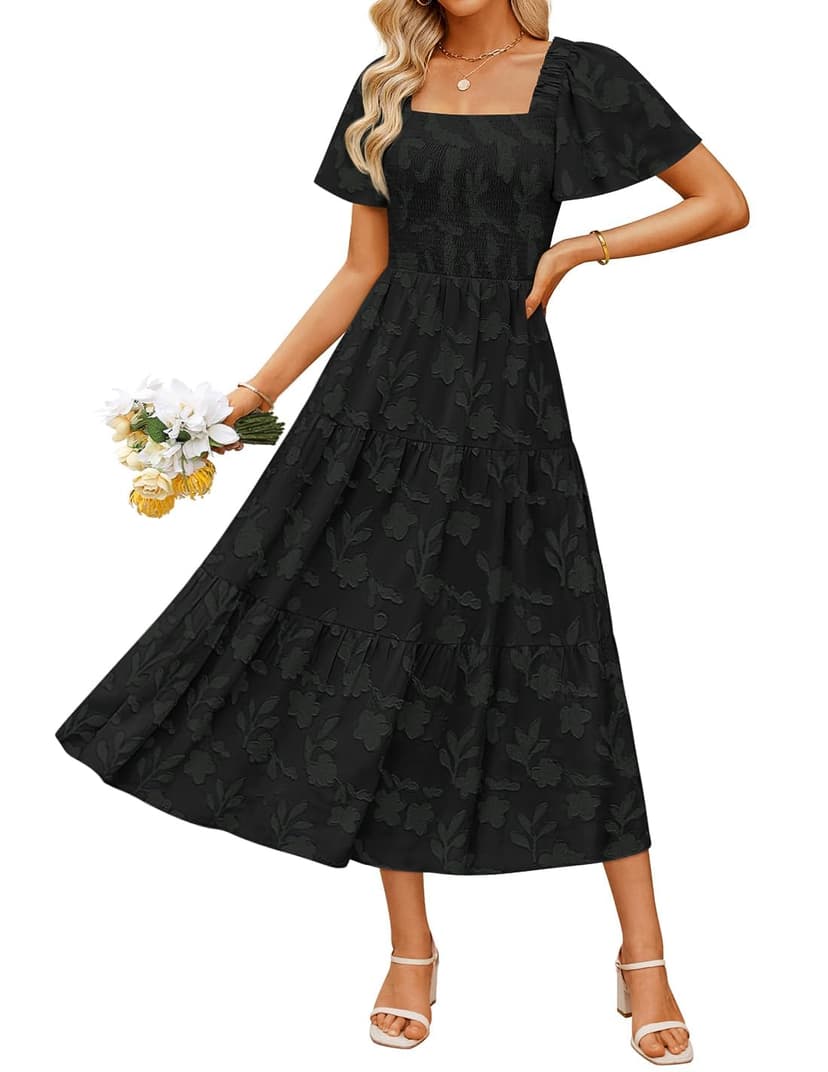ZESICA Womens 2026 Summer Boho Wedding Guest Midi Dresses | Short Sleeve, Square Neck, Floral Flowy A Line Dress, Beach Vacation Dress, Graduation Long Dresse, Cute Casual with Pockets