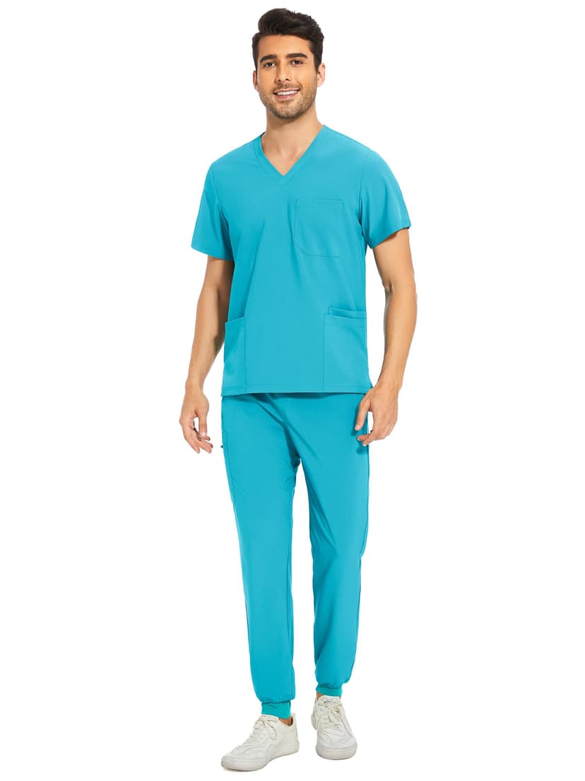 COZYFIT Men Scrubs Set - Stretch V-Neck Scrub Top & Jogger Pant with 8 Pockets, Yoga Waistband, Anti-Wrinkle Scrubs for Men