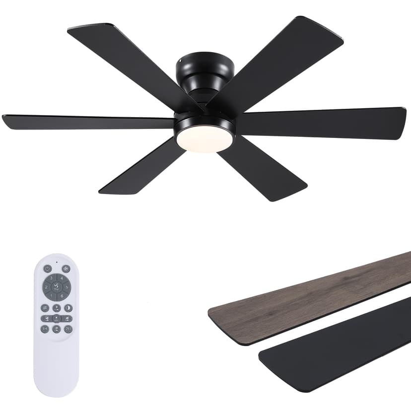 Asyko 46" Low Profile Ceiling Fan with Light and Remote Control,Black Modern Flush Mount Ceiling Fan with Lights for Bedroom, Reversible, Dimmable, Noiseless