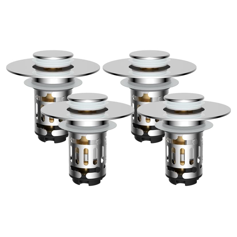 Hibbent 4 PCS Upgraded 3 in 1 Bathroom Sink Drain Strainer, Pop Up Stopper | Universal Sink Plug, Removable Stainless Steel Filter Basket Hair Catcher, Fit 1.1''-2.36'' Basin, Brass Bullet Core, Chrom