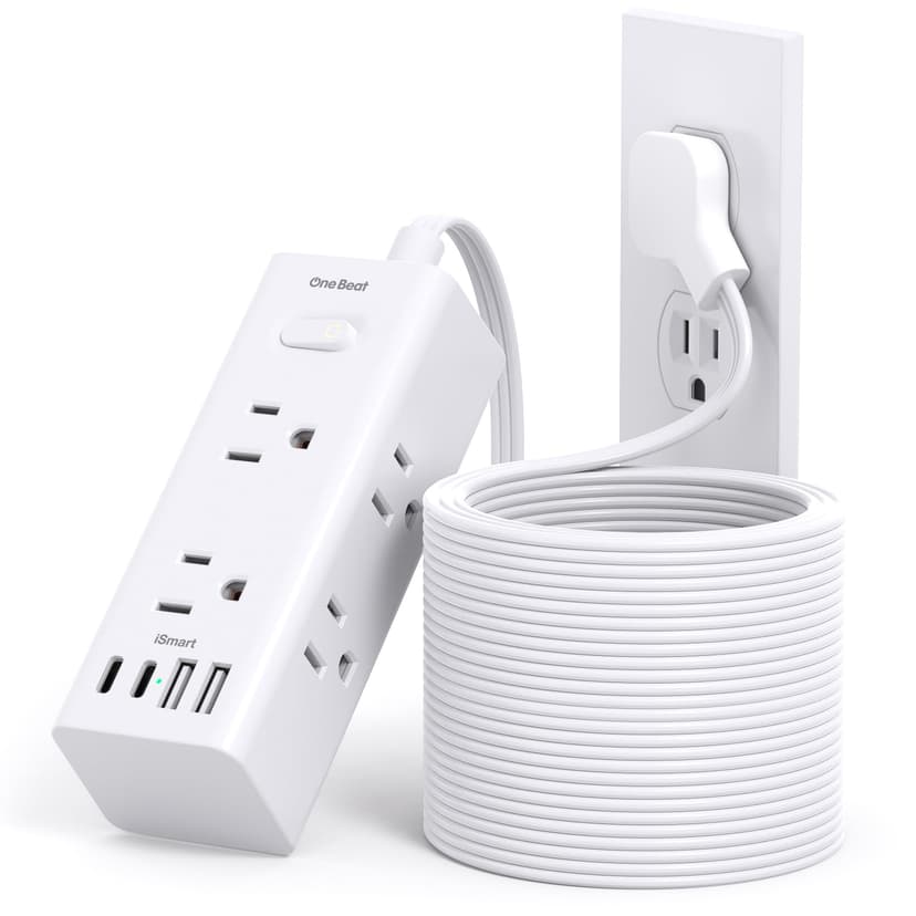 25Ft Extension Cord with Multiple Outlets, Flat Plug Power Strip Surge Protector with 20 Ft Long Cord, 6 Outlet 4 USB Ports (2 USB C), Multi Outlet Wall Plug for College, Dorm Room Essentials(White)