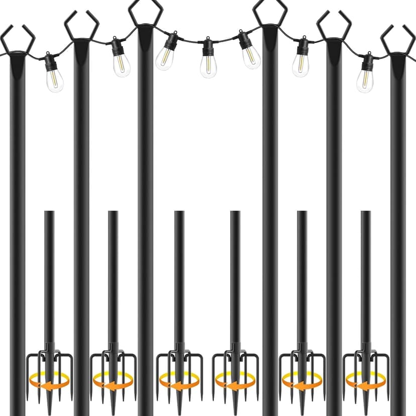 AILBTON 10Ft Exterior Light Poles 6 Pack, Durable Metal String Light Posts for Outdoor Use, Equipped with Fixed Brackets for Yard, Terrace, and Garden Lighting Decor and Backyard