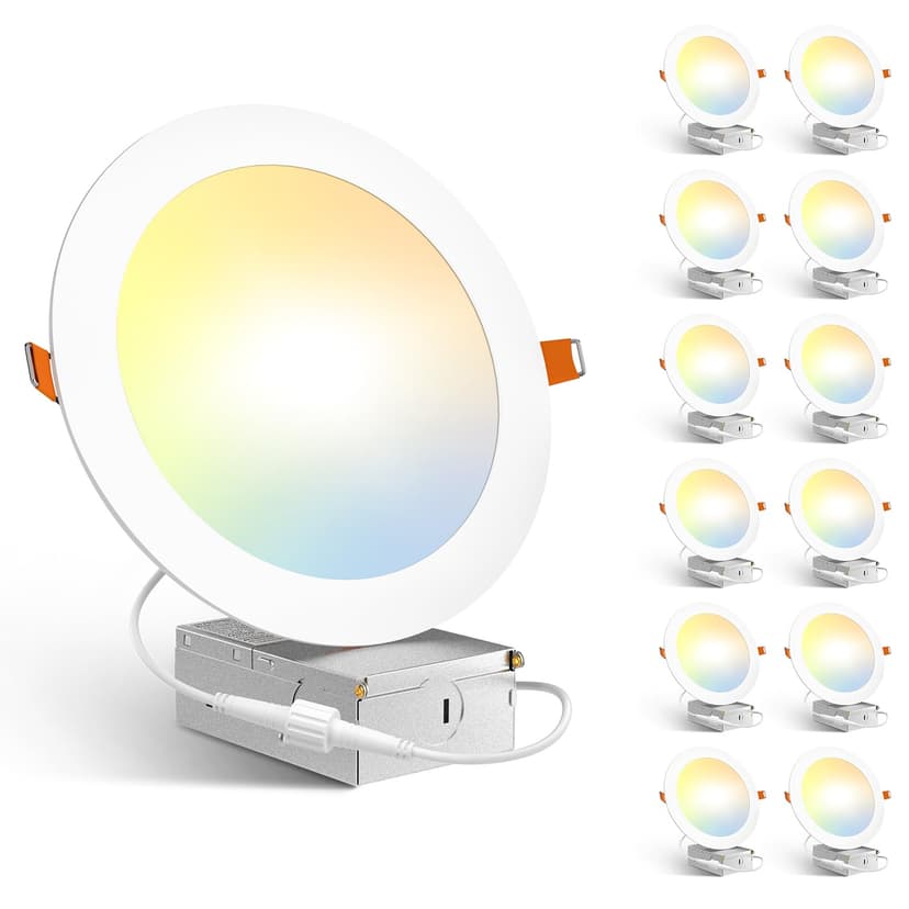 Amico 12 Pack 7 Inch LED Recessed Lighting, Canless Wafer Downlight, White | 5CCT 2700K-5000K, 5%-100% Dimmable, Ultra-thin, Metal housing, 1300LM 15W 120V, IC & Damp Rated, ETL & FCC, 50000h Life Spa
