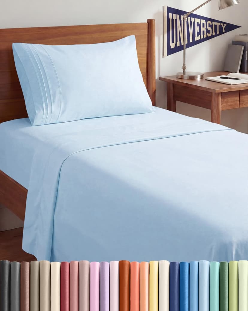 Twin XL 3 Piece Sheet Set - College Dorm Room Essentials - Light Blue | Deep Pocket Bed Sheets for Women, Men, Teens & Students, Soft, Cooling, Breathable & Wrinkle Free, Oeko-Tex Bed Sheet Set