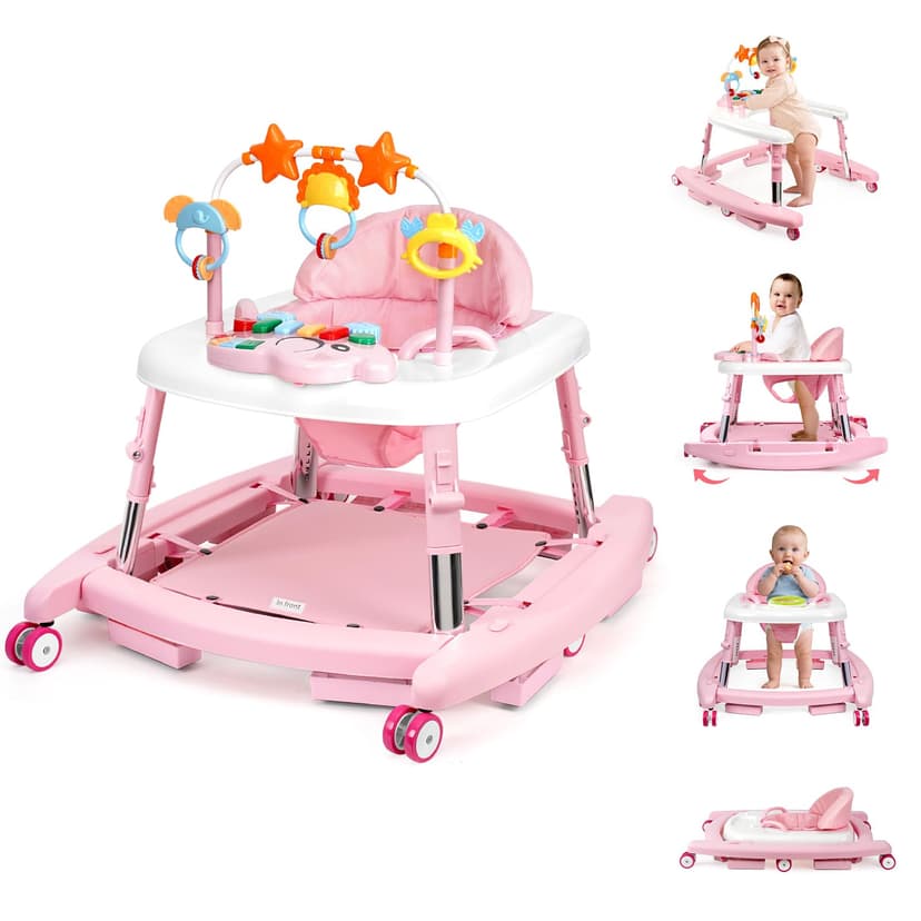 5 in 1 Baby Walker Foldable Music and Lights with 5 Adjustable Heights, Baby Walker with Wheels Portable, Infant Toddler Walker for Baby Boy Girls 6-18 Months (Pink)