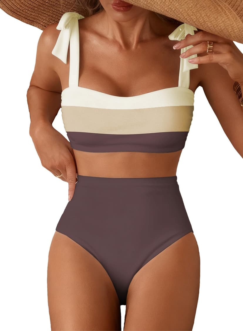 Herseas Women's Tie Shoulder Bikini Sets 2 Piece Striped Swimsuits High Waisted Bathing Suits