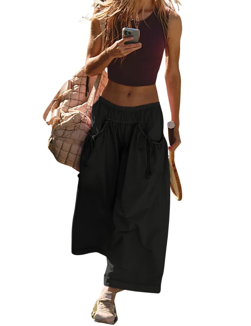 Hooever Women's Loose Wide Leg Track Pants Drawstring Pockets Elastic Waist Capri Hiking Pants