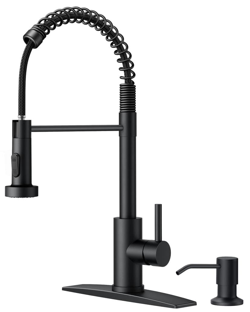 FORIOUS Black Kitchen Faucet with Soap Dispenser, High Arc Single Handle | Lead-Free Stainless Steel, Spring Sink Faucet with Pull Down Sprayer, Suitable for Laundry Utility Room, Bar Outdoor Camper
