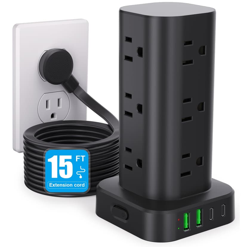 15FT Power Strip Tower Surge Protector, 12 Wide Spaced Outlets, 4 USB | 16-in-1 Desktop Charging Station with 2USB-C,2USB-A, Flat Plug, 15FT Cord, 1800J Surge Protection for Home Office, Dorm Black