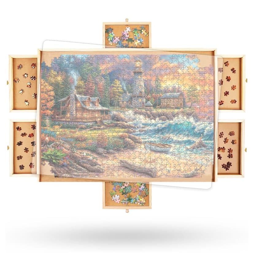 2000 Piece Wooden Jigsaw Puzzle Board 41.5" x 30" with 6 Drawers Rotating | Large Rotating Puzzle Table with 6 Drawers and Cover Included, Wooden Jigsaw Board for Adults and Kids