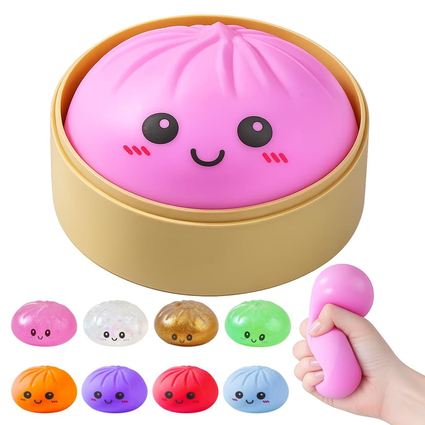 Dumpling Squishies, Glitter Dumpling Mystery Box, Colorful Dumplings Stress Balls Fidget Sensory Toy, Stocking Stuffers with Food Steamer Stretchy Desk Toys (Pink)