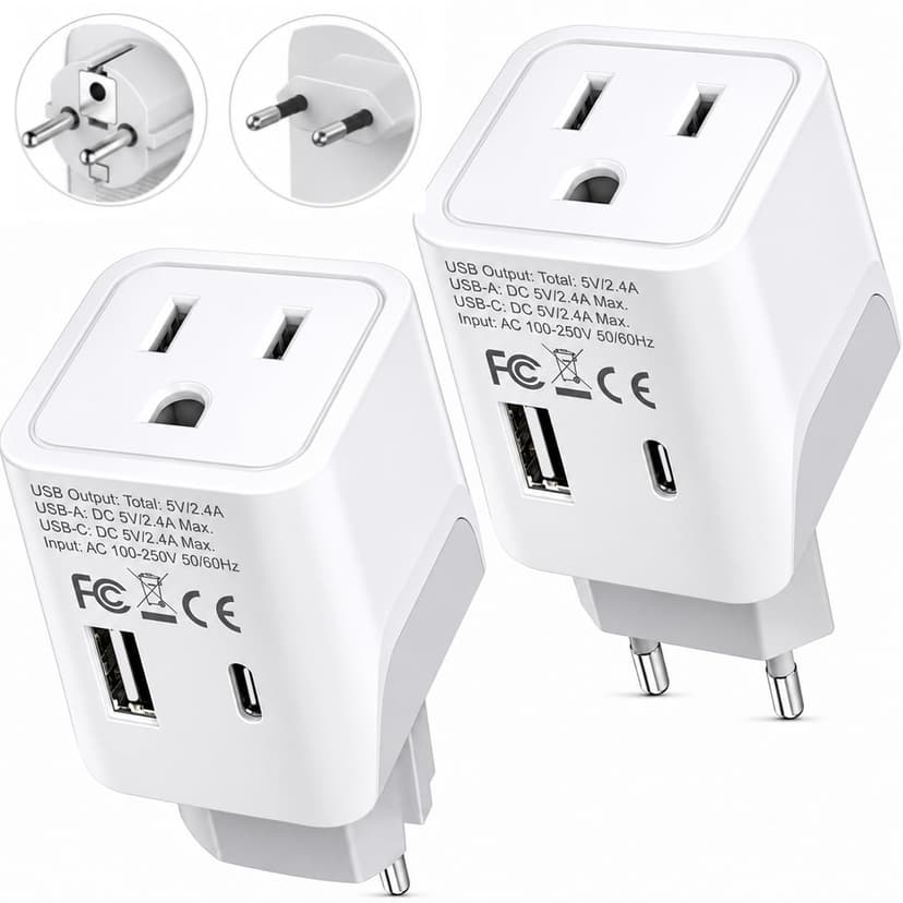 Ceptics European Travel Plug Adapter – Compact Type C & F Adapter with USB-C & A + USA Input – Safe Grounded Schuko Adapter – Travel Charger for France, Germany & More – CTU-9-9C-PK | European Adapter