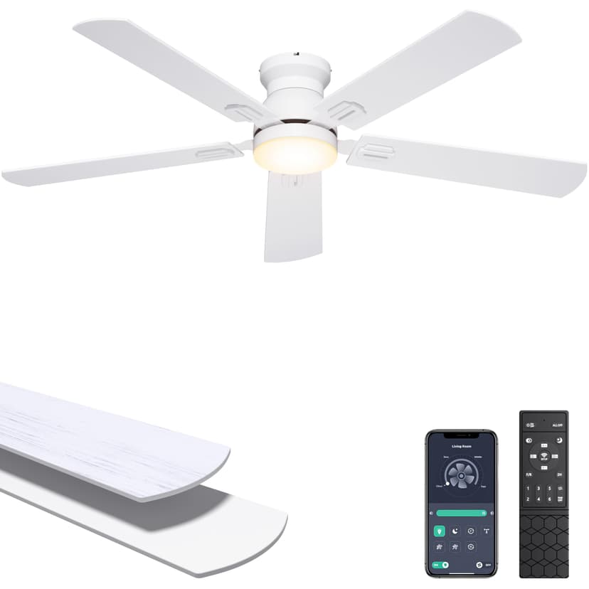Ohniyou Ceiling Fans with Lights, 52 Inch Low Profile Ceiling Fan with Light and Remote/APP Control, Flush Mount, Dimmable, Quiet DC Motor, White Ceiling Fan for Bedroom, Living Room