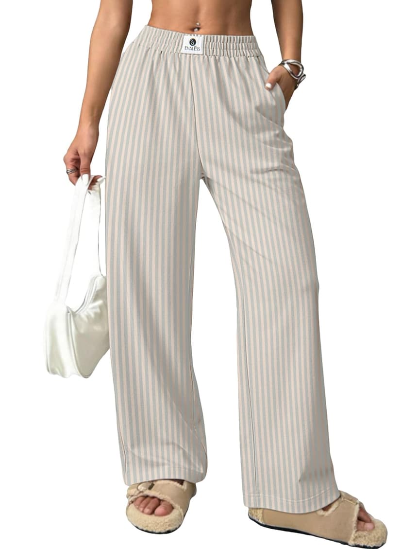 EVALESS Pants for Women 2026 Summer High Waist Wide Leg Striped Lounge Pants Patched Y2K Casual Trousers Lightweight Comfy PJ Bottoms Vacation Outfits with Pockets White Stripe Small