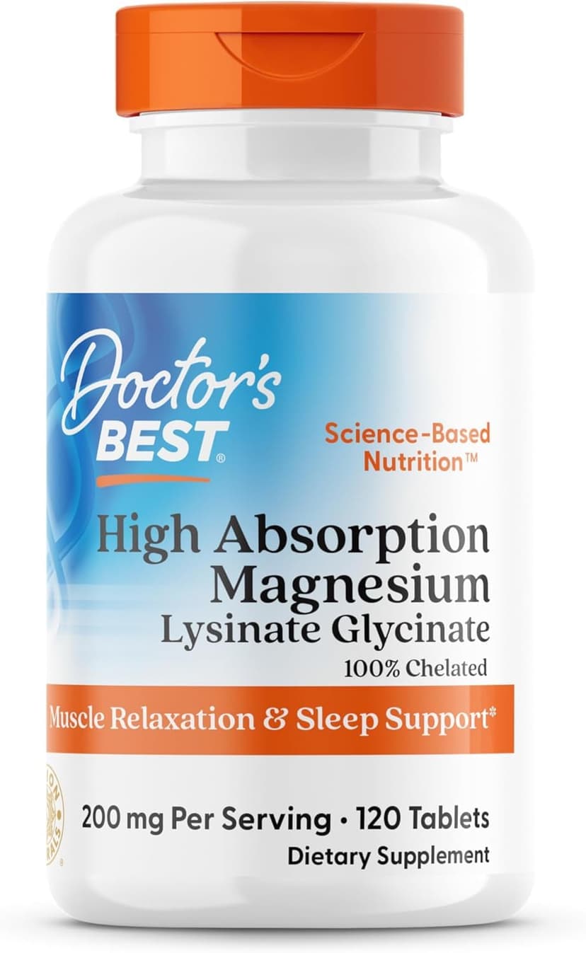 Doctor's Best High Absorption Magnesium Glycinate Lysinate Supplement for Sleep Support - Chelated Magnesium Tablets for Women & Men, 200mg per Serving, Supports Calm & Relaxation, Vegan - 120 Count