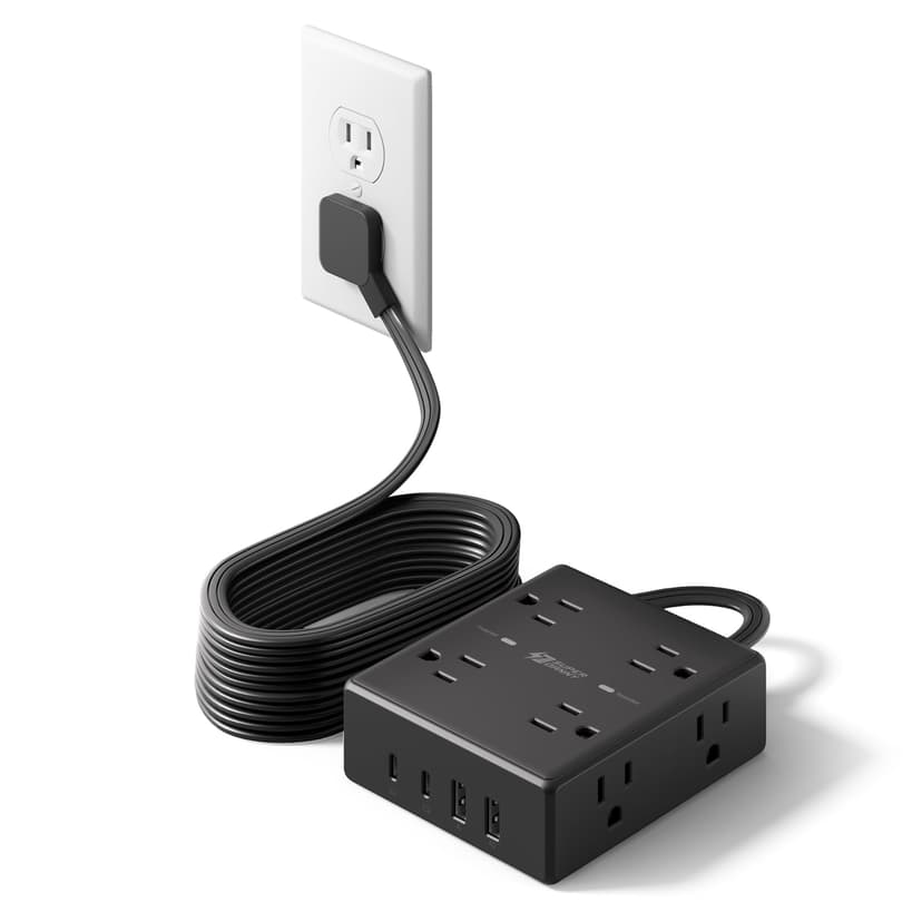15Ft Extension Cord with Multiple Outlets, Flat Plug Power Strip Surge Protector with 15 Ft Long Cord, 8 Outlet 4 USB Ports (2 USB C), Desk Charging Station for Home Office, College Dorm Room