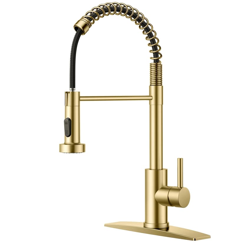 FORIOUS Gold Kitchen Faucet with Pull Down Sprayer, Stainless Steel Commercial Single Handle Classic Spring Pull Out Sink Faucet for Pot Filler, Farmhouse Camper Bar Laundry Room