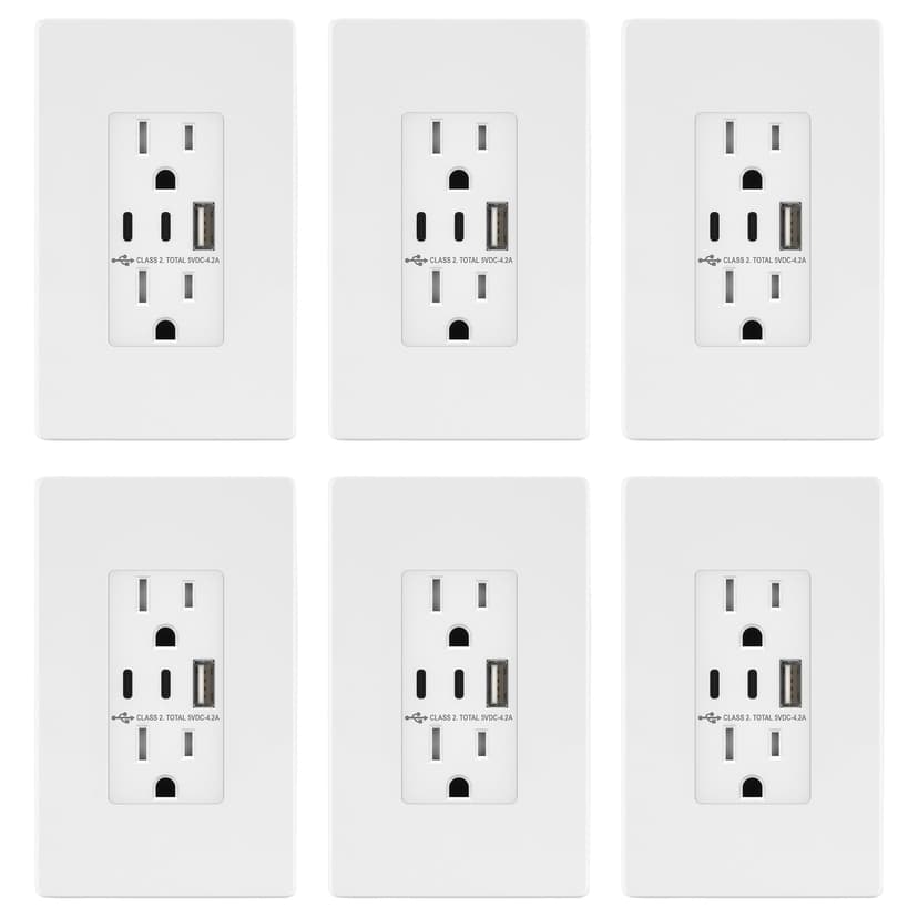 TOPGREENER 4.2A 3-Port Type C USB Outlet, 15 Amp Receptacle Plug, Charging Power Outlet with Dual Type C&A Ports, Screwless Wall Plate Included, UL Listed, Residential Grade, White, 6 Pack