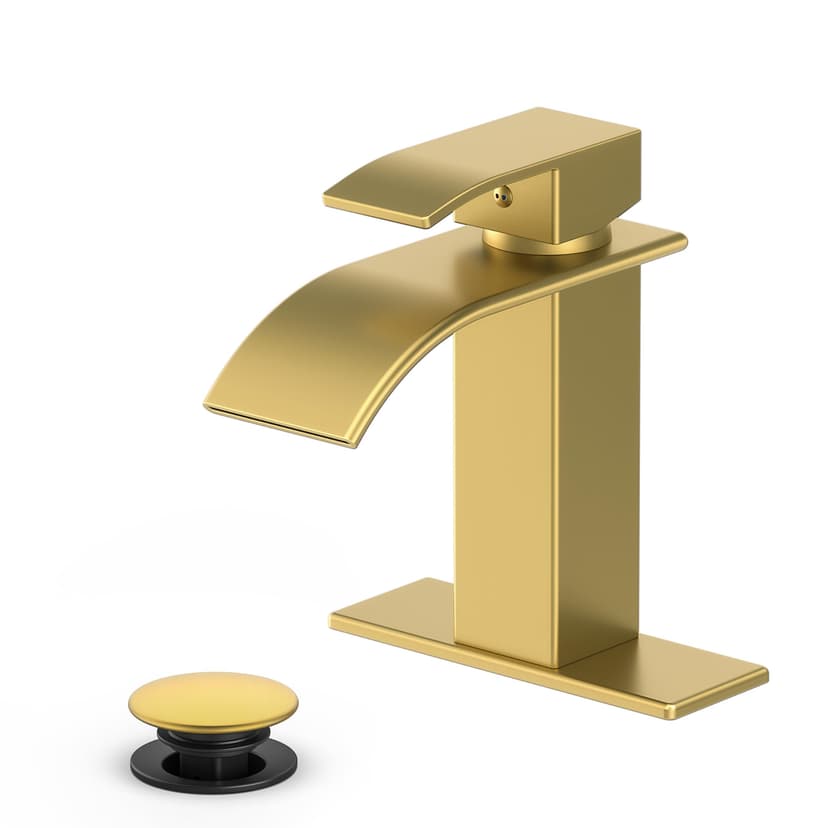Ryuwanku Waterfall Bathroom Faucet, Brushed Gold Stainless Steel, 1-Handle | Modern Bathroom Sink Faucet for RV & Outdoor Basins, Pop-Up Drain, Supply Lines, 6-in Deck Plate, 1- or 3-Hole, NSF Certifi