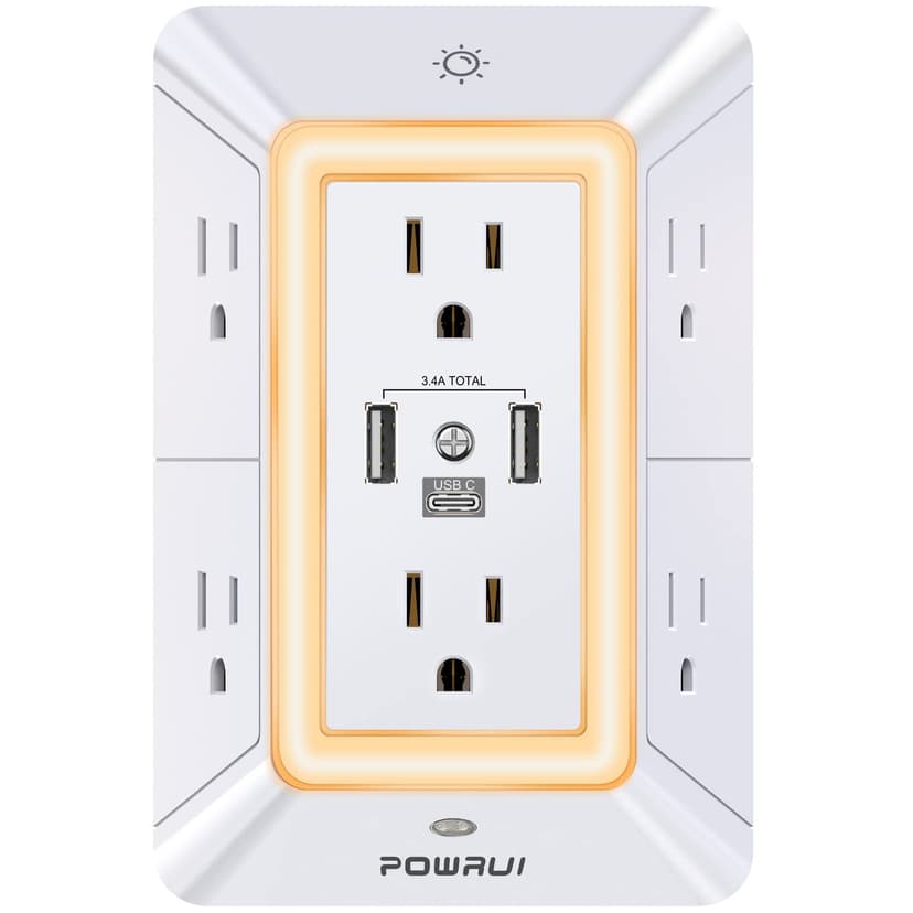 POWRUI Multi Plug 6 Outlet Surge Protector Extender with 3 USB Ports (1 USB C) and Night Light, 3-Sided Power Strip with Adapter Spaced Outlets, ETL Listed, White