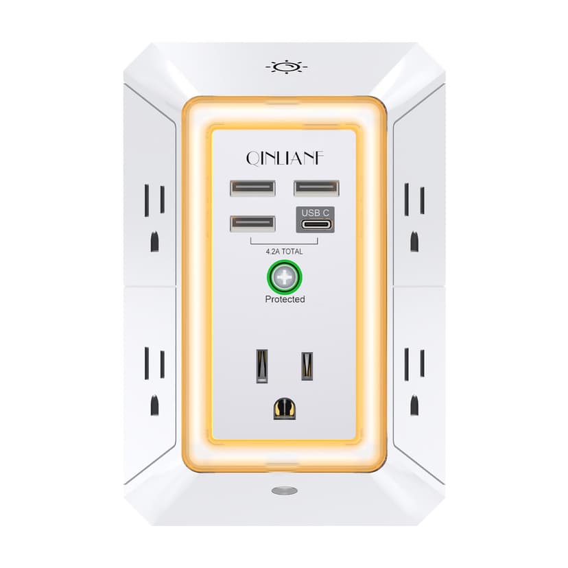 3-Sided Outlet Extender with Night Light - QINLIANF Multi Plug Outlet with 5 Outlets and 4 USB Ports(1 USB-C), USB Wall Charger for Home, Office, Travel, ETL Listed, White
