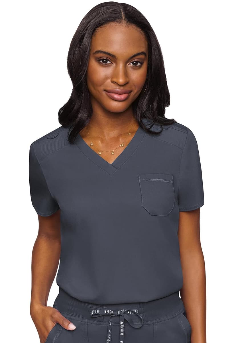 Med Couture Touch Women's Scrub Tops V-Neck Tuck-in Top with 1 Pocket | Slim Fit, Touch Performance Fabric, Stretchy Rib-Knit Shoulders, Bungee Loop, 2-Way Stretch, Lightweight, for Long Shifts