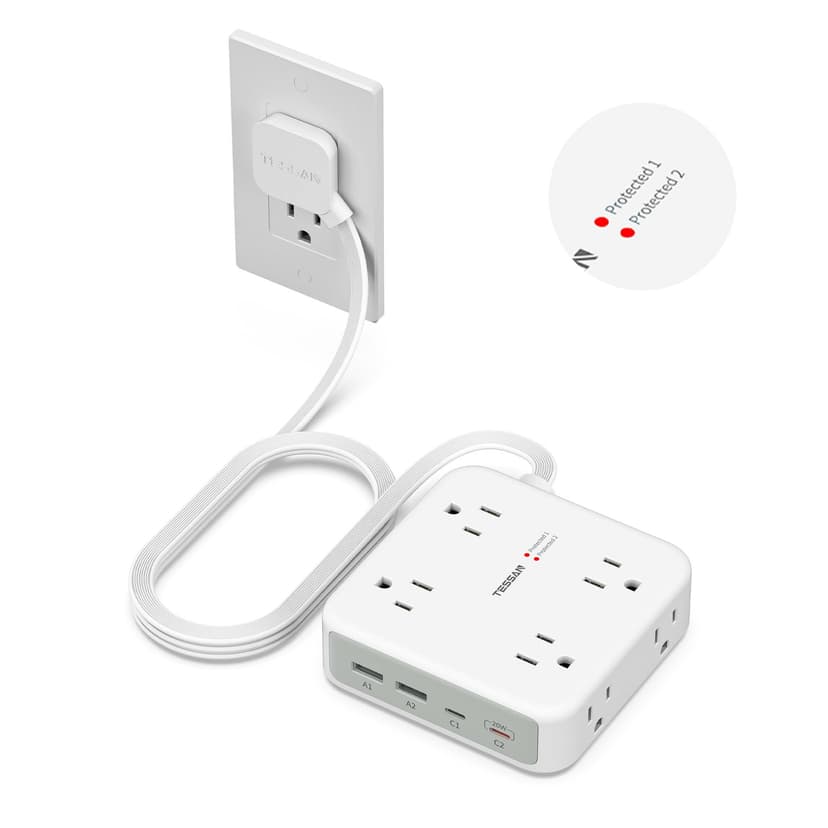 TESSAN Dual Surge Protector Power Strip, 5 Ft Extension Cord Flat Wall Plug | 4 USB (2 USB C) 8 Outlets, 2100J Surge Protection, 20W Multiple Charging Station for Home, Office, College, Dorm, Grey