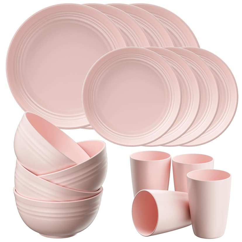 Quatish 24 Piece Plates and Bowls Sets for 6, Unbreakable Dinnerware Sets, Plastic Dish Set for Camping, Dishwasher Microwave Safe, Outdoor Kitchen and Apartment Dorm Dinning RV Essentials, Pink
