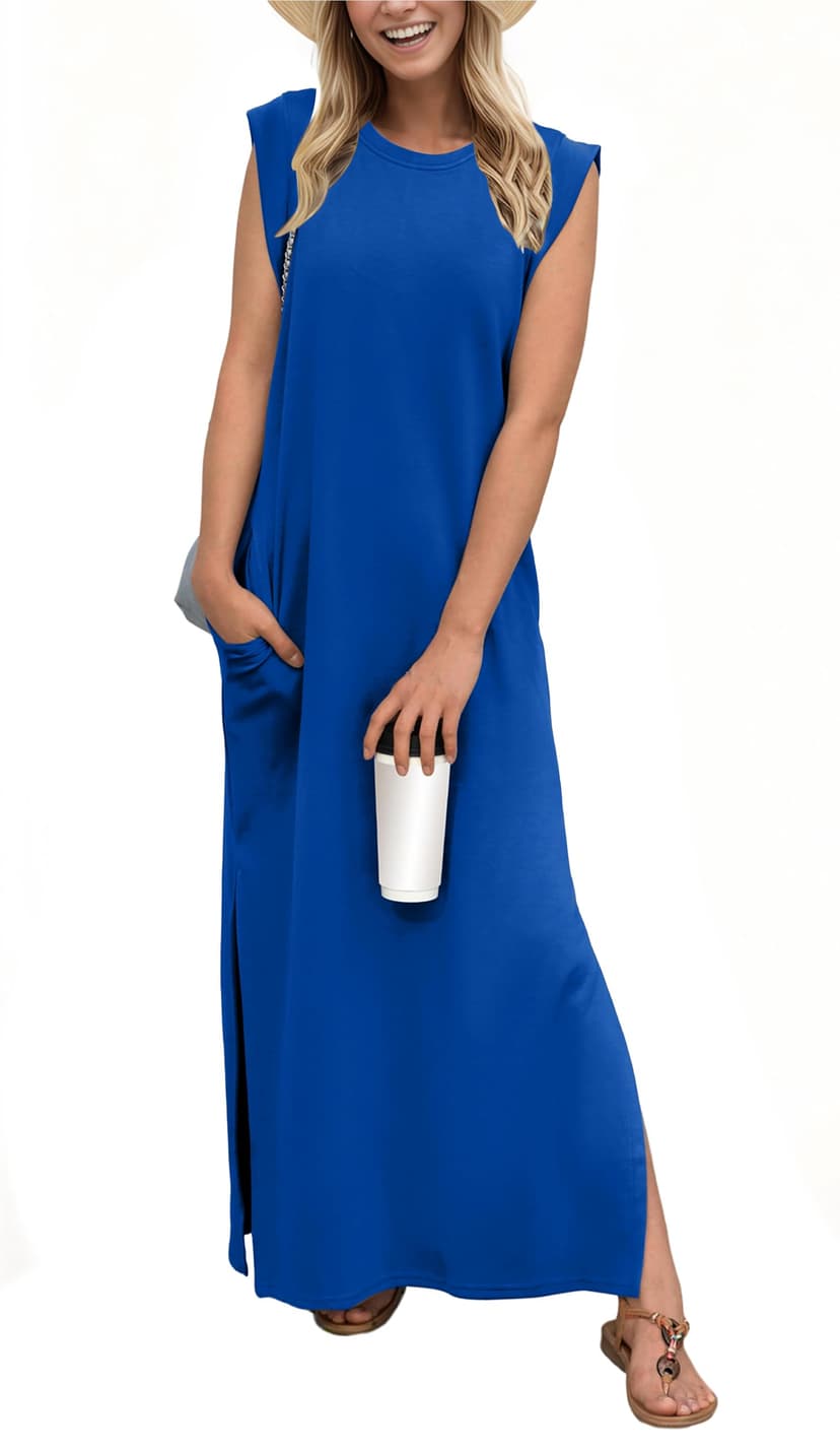 GRECERELLE 2026 Women Year-Round Casual Round Neck Loose Split Wrinkle-Free Long Maxi Vacation Dress with Pockets (XXS-4XL)