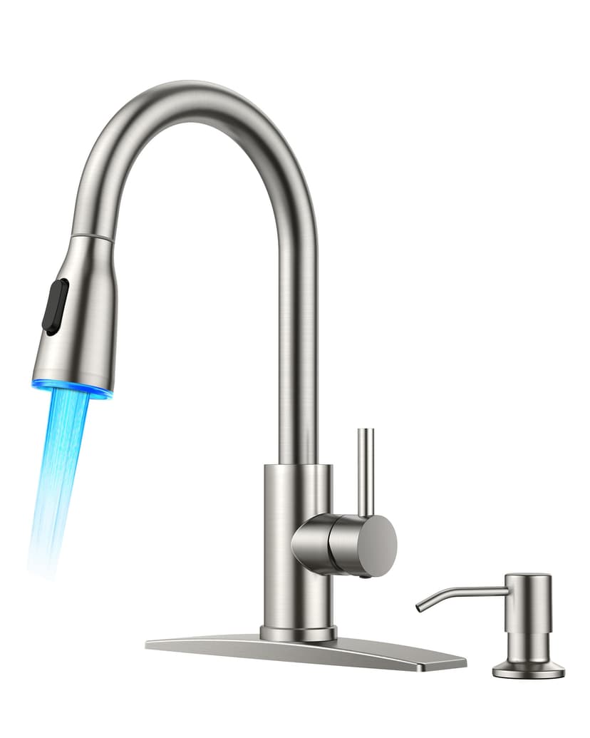 FORIOUS LED Kitchen Faucet with Soap Dispenser and Pull Down Sprayer, Brushed Nickel High Arc Single Handle 3 Modes Stainless Steel Bar Faucet for Kitchen Sink Wet Laundry Camper