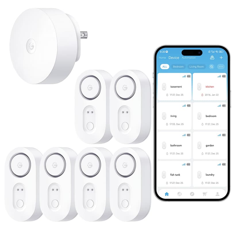 GoveeLife Upgraded Smart Water Leak Detector 1s with High Alarm, 6 Pack | 1804ft Ultra-Long Range, WiFi Water Sensor with SMS/Email/APP Push, 5Yr Battery Life,IP67, Suit for Home, Basement, Kitchen