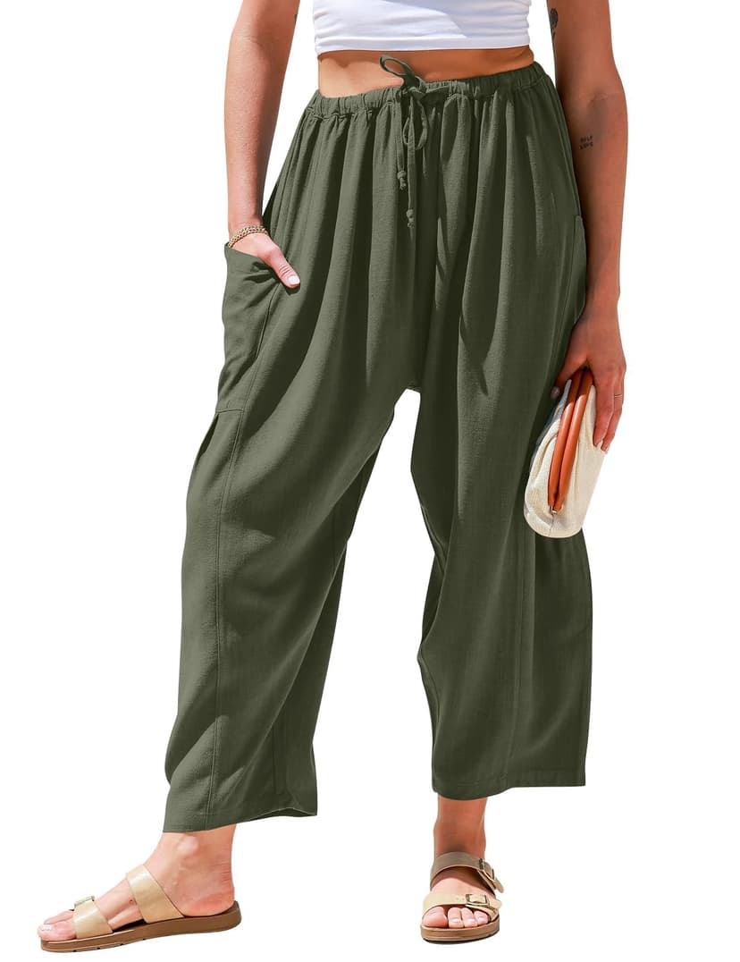 TARSE Womens Linen Wide Leg Pants Casual Palazzo Harem Pants with Pockets | Loose Fit Drawstring Baggy Pants, Casual Summer Pants, Lounge Barrel, Summer Beach Travel Vacation Trousers
