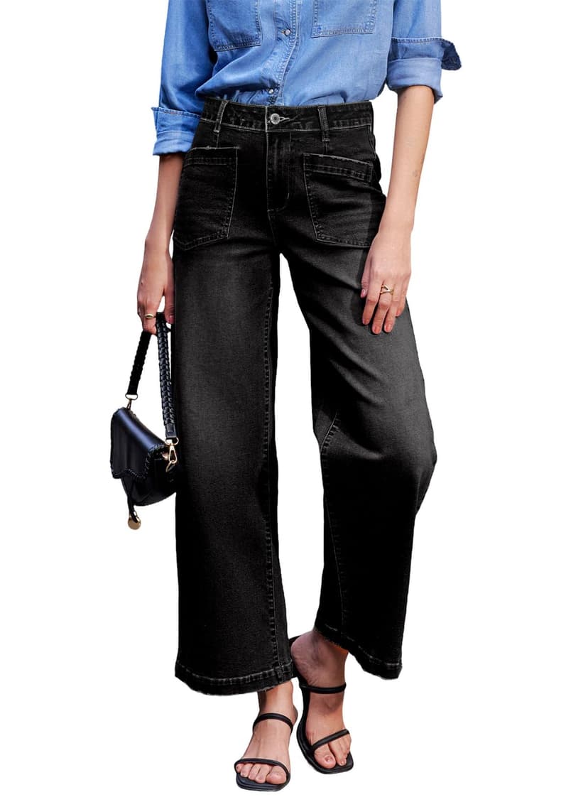 Sidefeel Wide Leg Jeans for Women High Waisted Stretchy Ankle Denim Pants | Soft Comfy Denim Jeans, Four Patch Pockets with Distressed Details, Up to 28'' Inseam, Versatile Outfits for Casual Vacation
