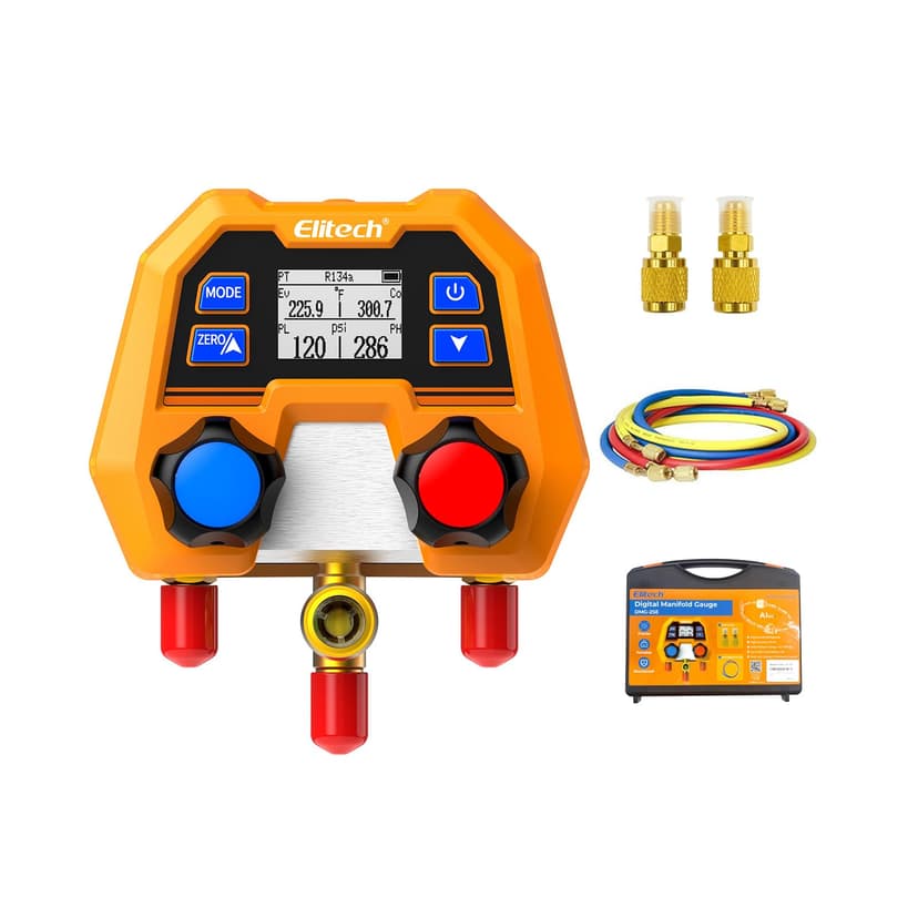 Elitech HVAC Digital Manifold Gauge Set DMG-2SE with Hoses & R410A Adapters | 88 Refrigerants, ±1% FS Accuracy, P/T Calculation, Evap & Cond Temp, HVAC/R & Automotive AC Applications