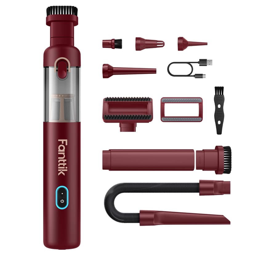 Fanttik Slim V8 APEX Car Vacuum, 4-in-1 Portable Mini Cordless Vacuum with 19000pa Suction Power for Pet Hair, Type-C Charge, One-Touch Empty for Car, Office Desk, Keyboards (Red)