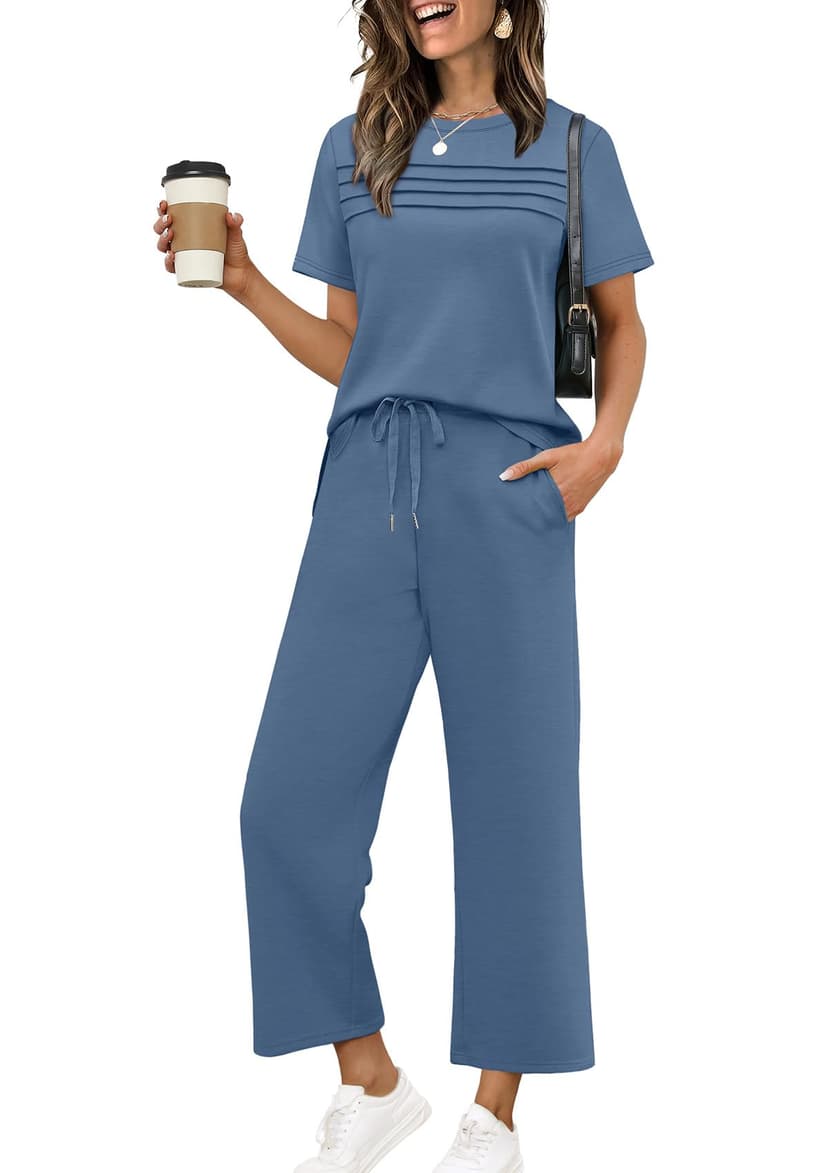 WIHOLL Two Piece Sets for Women Summer Spring Travel Vacation Outfits Short Sleeve Lounge Sets Side Slit Wide Leg Pants S-3XL