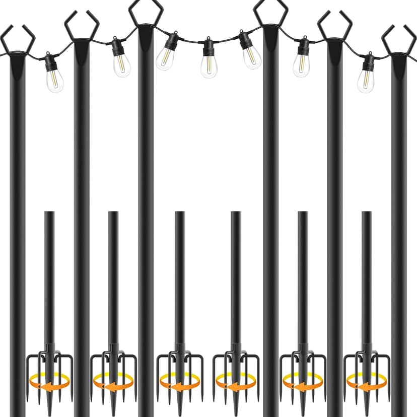 AILBTON 10Ft String Light Poles 6 Pack,Light Poles for Outside Lights,Outdoor with Fence Brackets Hanging Lights,Metal Stand Deck Patio Backyard